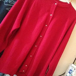 Red sweater with pearls buttons